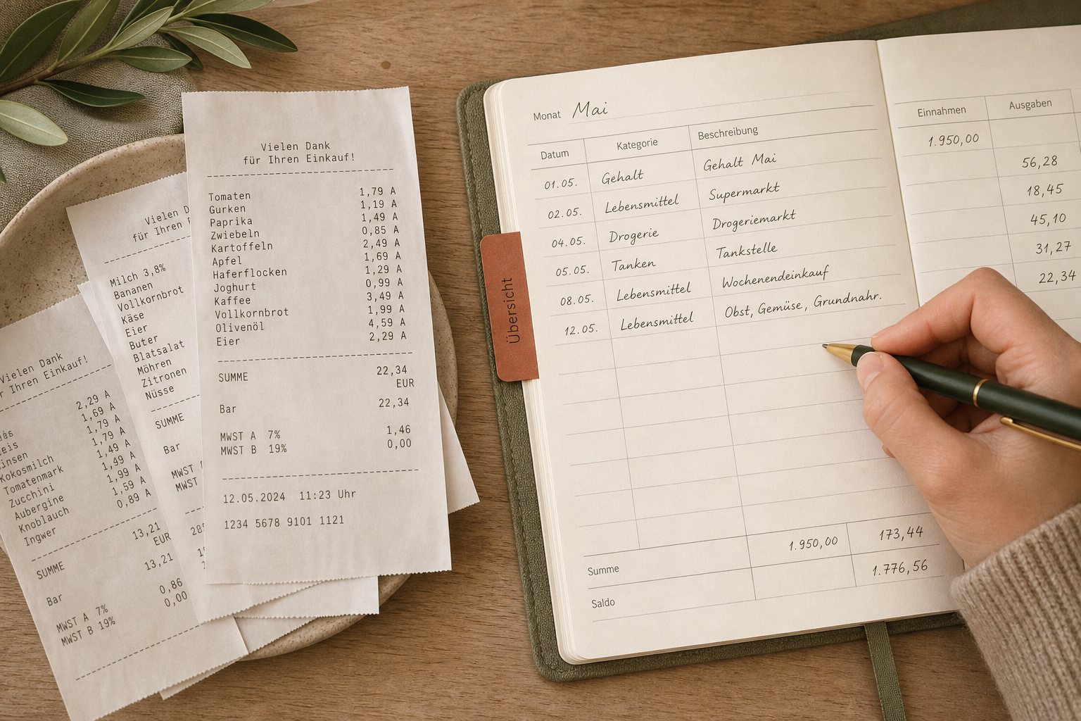 Belege, Stift und offenes Monatsblatt auf warmem Schreibtisch