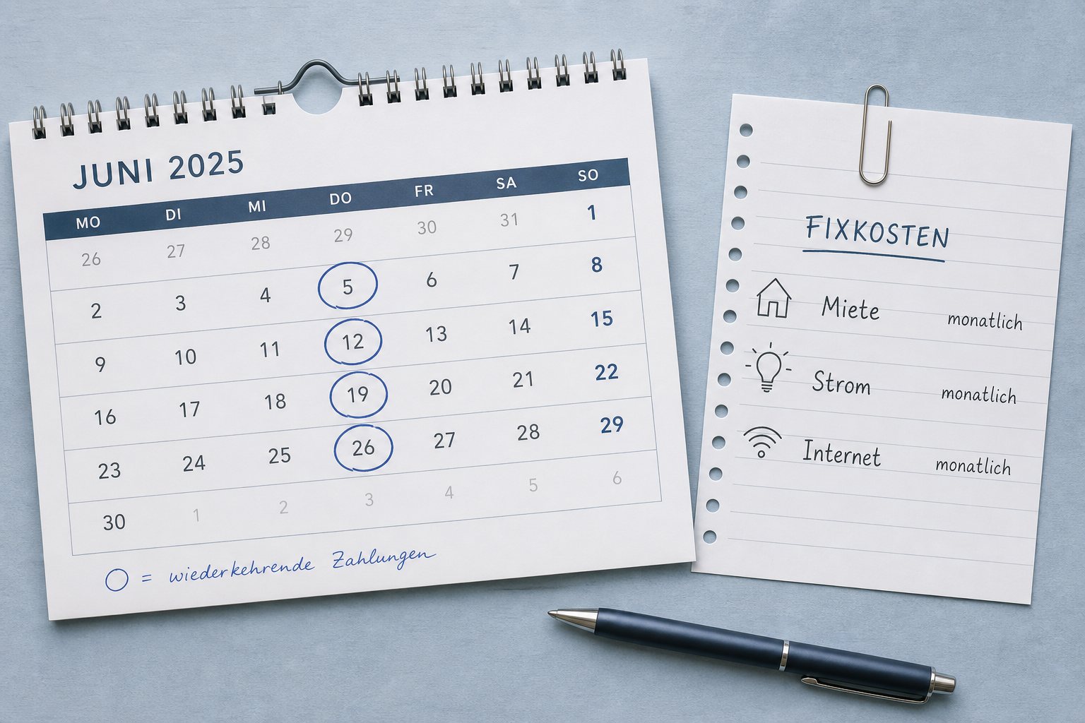 Wandkalender mit markierten Abbuchungstagen neben Fixkostenliste