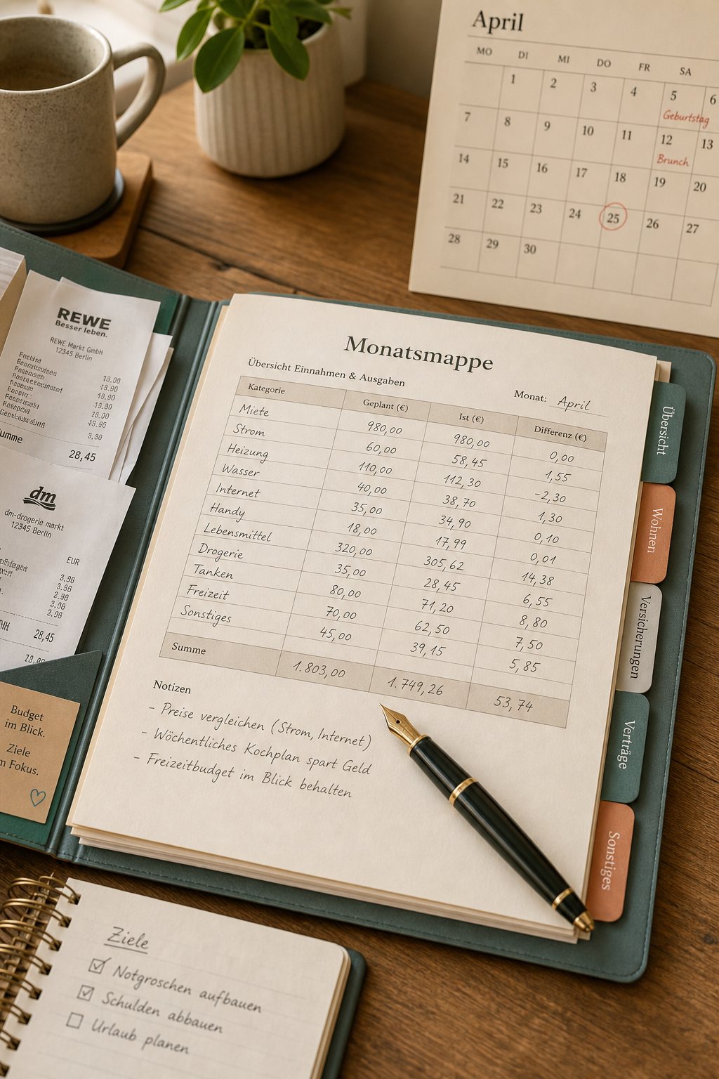 Geöffnete Monatsmappe mit Ausgabentabelle, Belegen, Kalender und Stift auf dem Schreibtisch