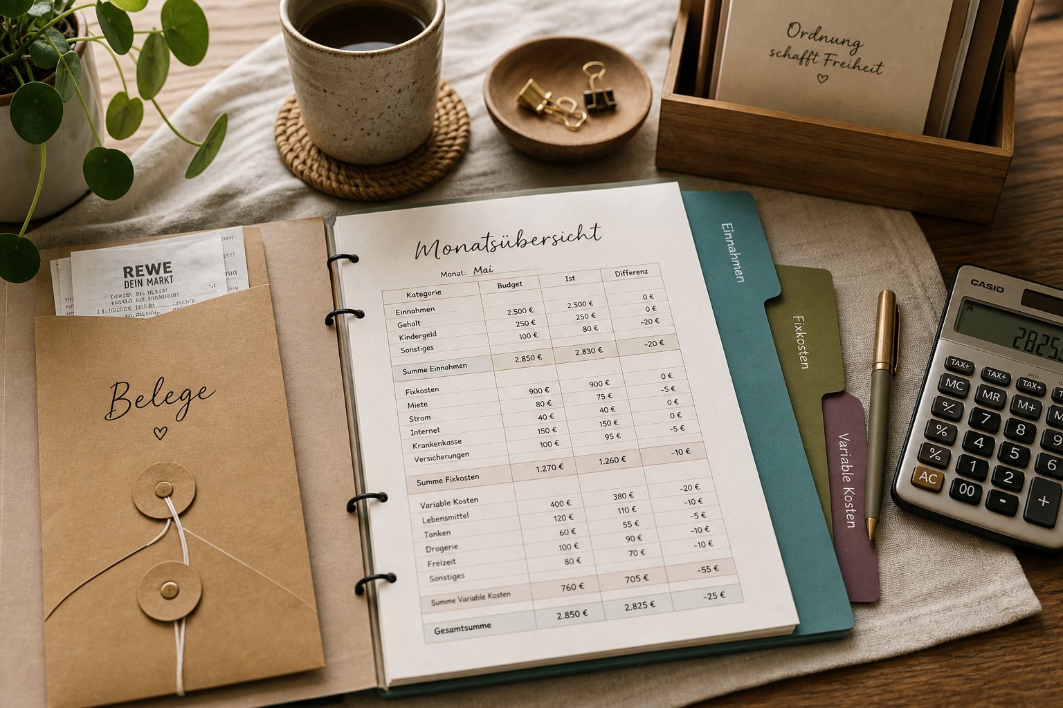 Schreibtisch mit Monatsblatt, Briefumschlag für Belege und farbigen Trennreitern